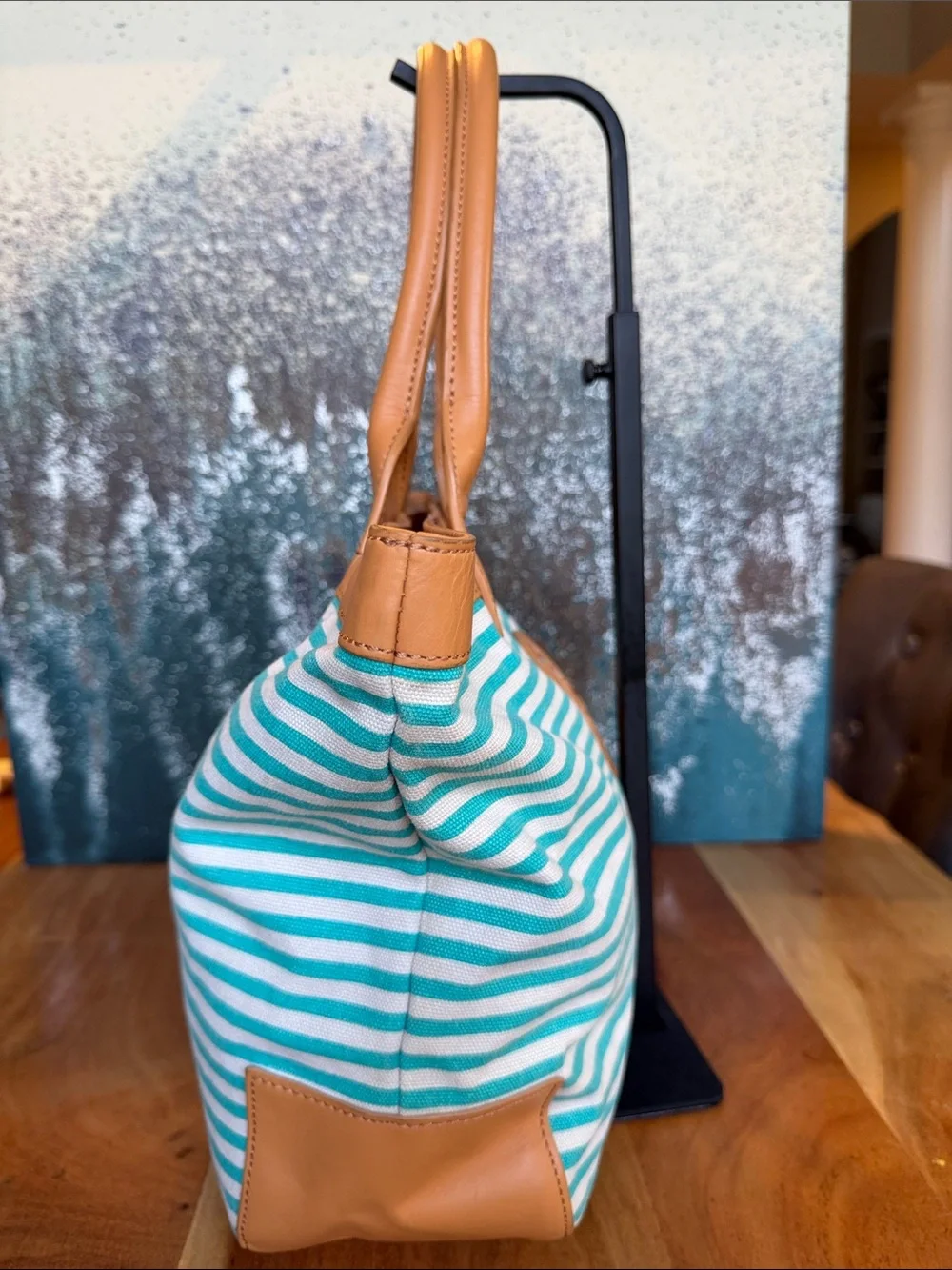 Tory Burch Rare Coastal Grandmother 2010’s Sophia Striped Canvas Tote Aqua GUC